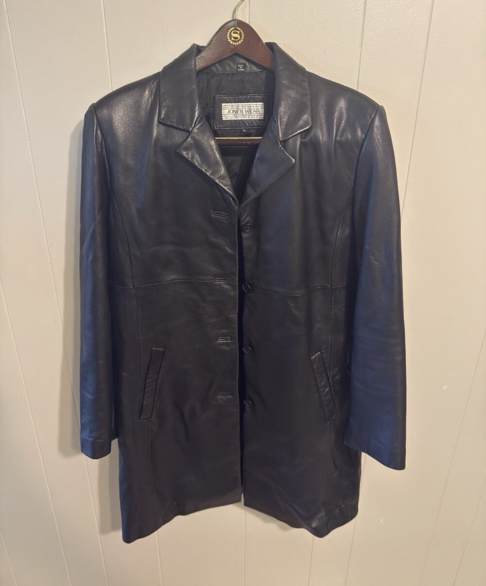 Jones Wear Sport New York Women’s Black Leather Overcoat Collar Mid-Length L